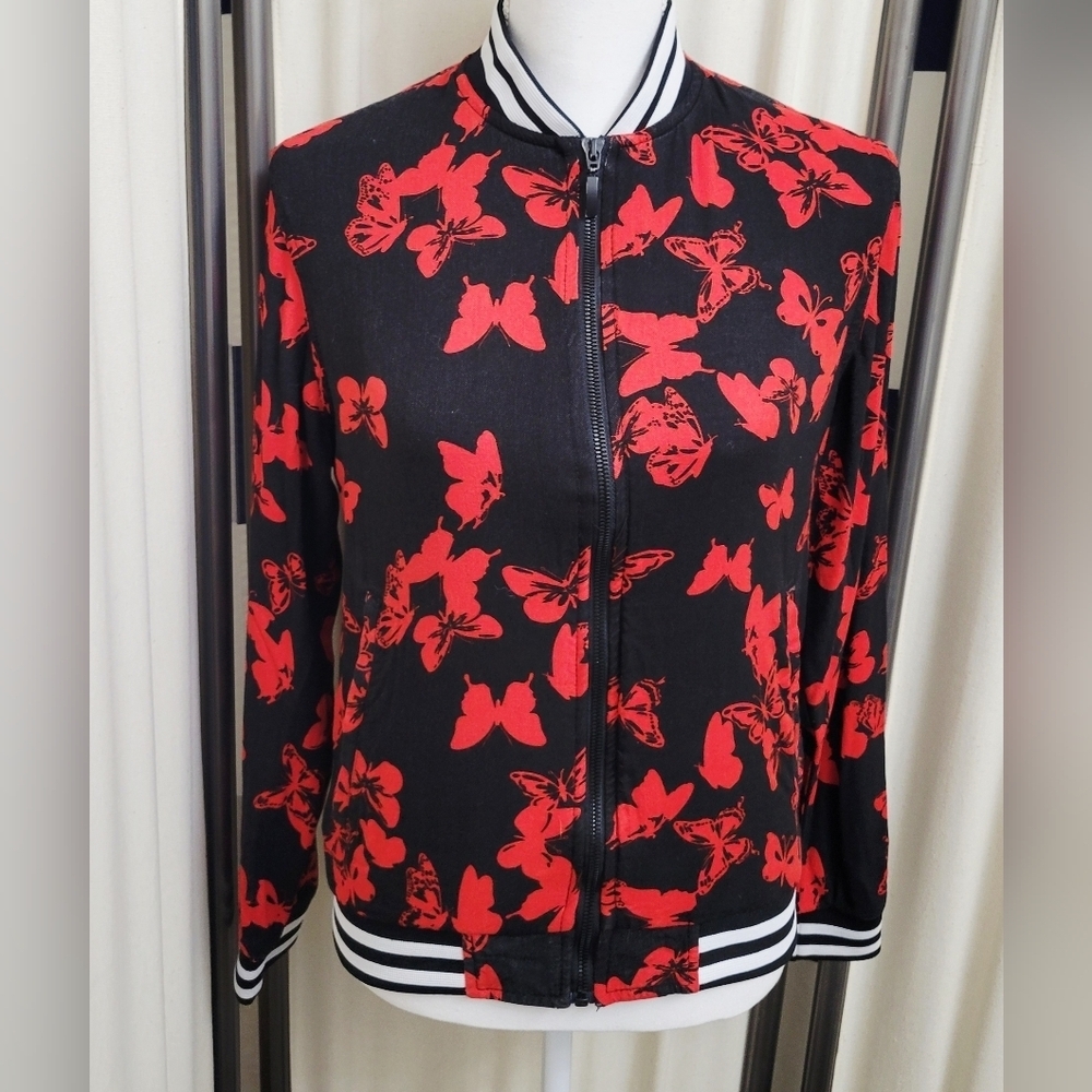 Cactus Ricky Singh Black and Red Butterfly Bomber Jacket | Size Small